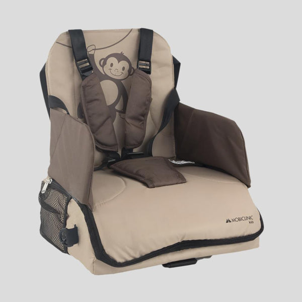 Chaise haute de voyage avec rangement| Pour bébé | Pliable | Avec poche et poignée | Jusqu'à 15 kg | Beige | Monkey | Mobiclinic