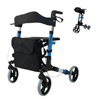 KMINA Déambulateur 4 Roues Pliable Léger, avec Siège, Fauteuil Roulant 2 en 1, Rollator Réglable, Confort Mobilité, Bleu
