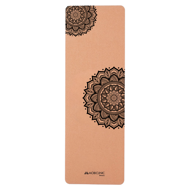 Tapis en liège naturel | TPE recyclable | Écologique | Antimicrobien | Antidérapant | Amorti équilibré | Design avec Mandalas | Sac de transport inclus | 183x61 cm