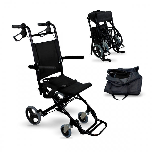 Fauteuil roulant de transit | Pliable | Aluminium | Petites roues | Freins sur les poignées | Noir | Saturno | Mobiclinic