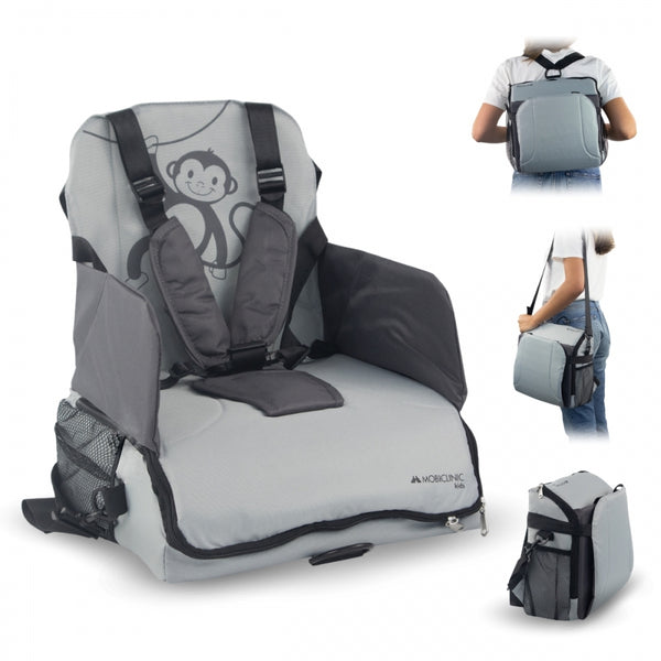 Trona de viaje con almacenaje | Para bebés | Plegable | Con bolsillo y asa | Hasta 15 kg | Gris | Monkey | Mobiclinic