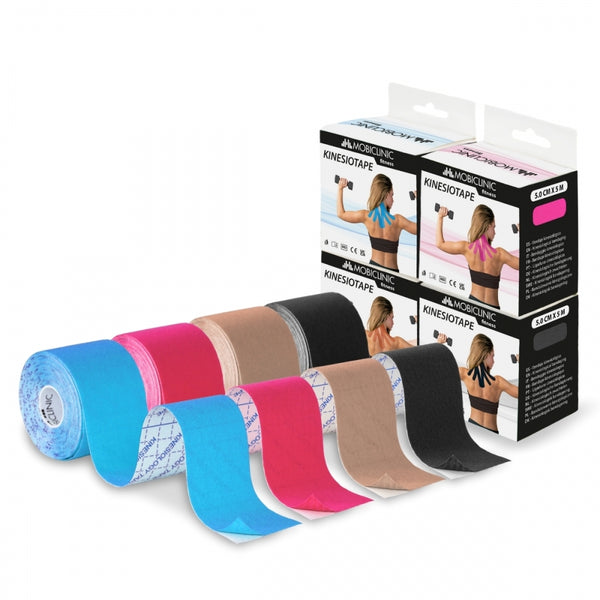 Pack de 4 Kinesiotape | Rose, Bleu, Noir et Beige | Bandage Neuromusculaire | 5mx5cm | Mobitape | Mobiclinic