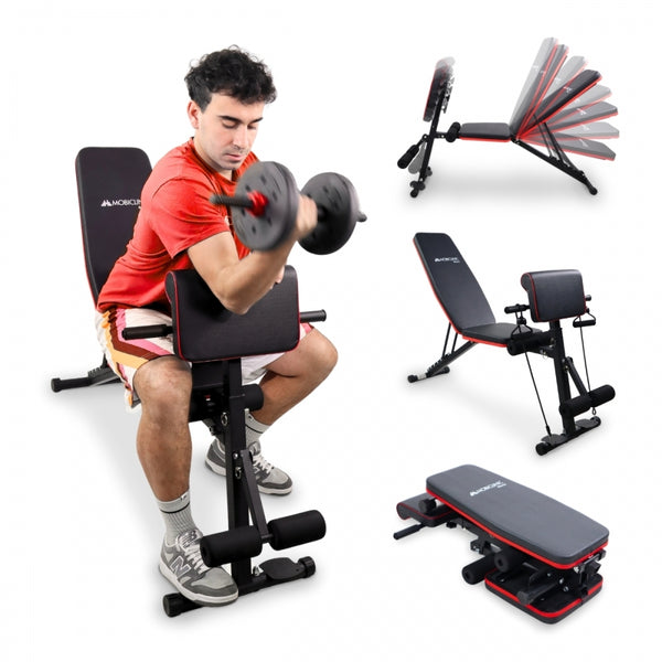 Banc de musculation | Avec bandes de résistance | Pliable | Réglable et inclinable | Max. 120 kg | Planefit | Mobiclinic