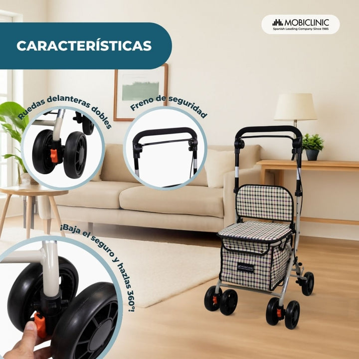 Obbocare Chariot de courses à 4 roues avec siège en couleur grise. Chariot déambulateur en aluminium pliable pour personnes âgées. Chariot avec sac porte-objets 20 l Obbocare Chariot de courses à 4 roues avec siège en couleur grise. Chariot déambulateur en aluminium pliable pour personnes âgées. Chariot avec sac porte-objets 20 l