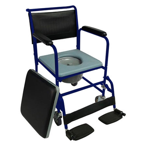 Chaise percée à roulettes et couvercle | Repose-pieds rabattables et accoudoirs amovibles | Bleu | Barco | Mobiclinic