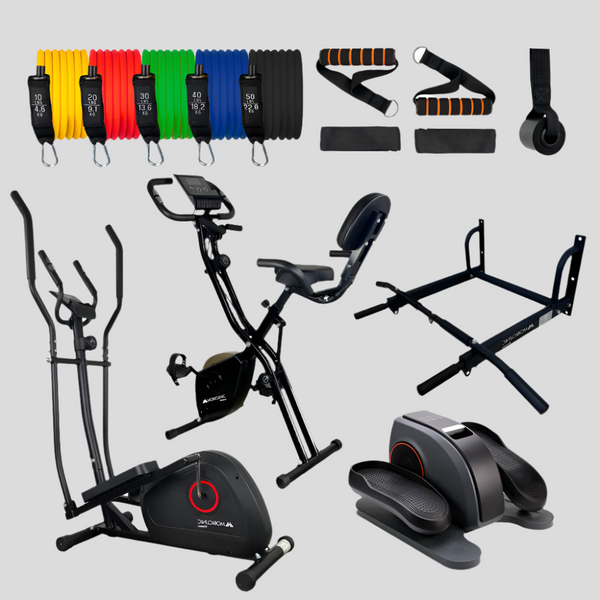 Home Gym Fitness Pack | Tubes élastiques | Pédalier | Barres de traction | Vélo d'exercice | Entraîneur elliptique | Mobiclinic