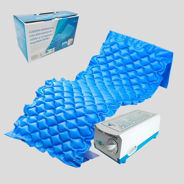 Matelas anti escarre | À air | Avec compresseur | PVC médical ignifuge | 200x90x7cm | 130 cellules | Bleu | Mobi 1 | Mobiclinic