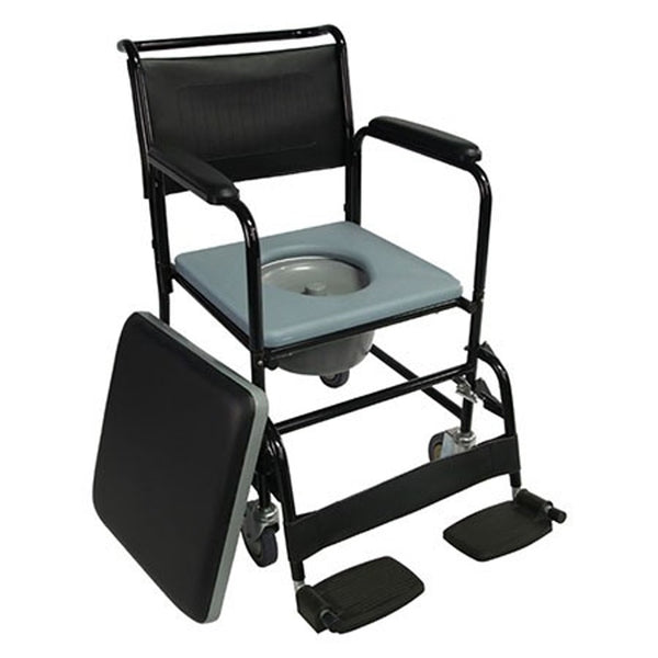 Chaise percée avec roues et couvercle | Repose-pieds rabattables | Accoudoirs amovibles | Noire | Barco | Mobiclinic